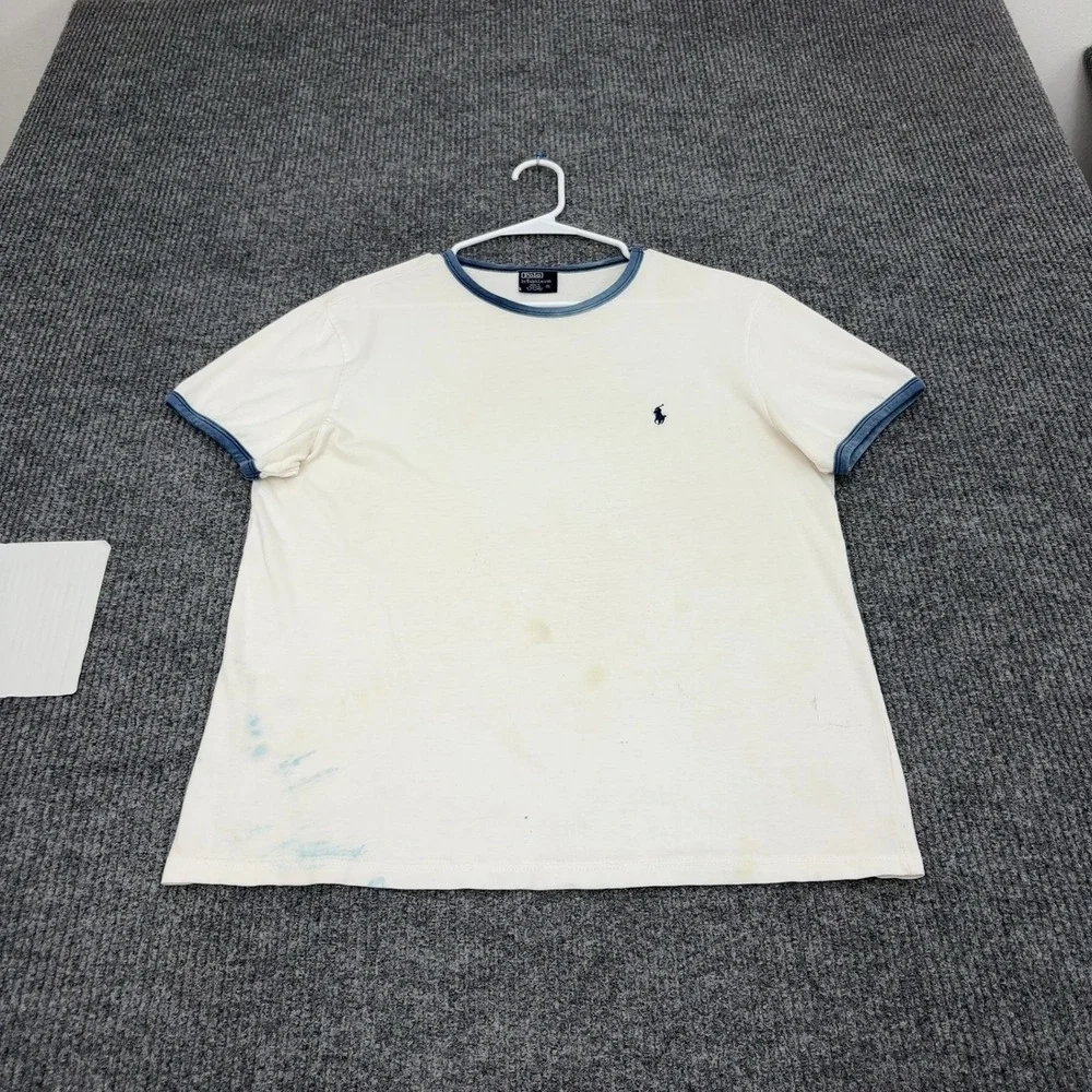 Polo Ralph Lauren T Shirt Mens M Cream Cotton Ringer Pony Logo Casual Style
